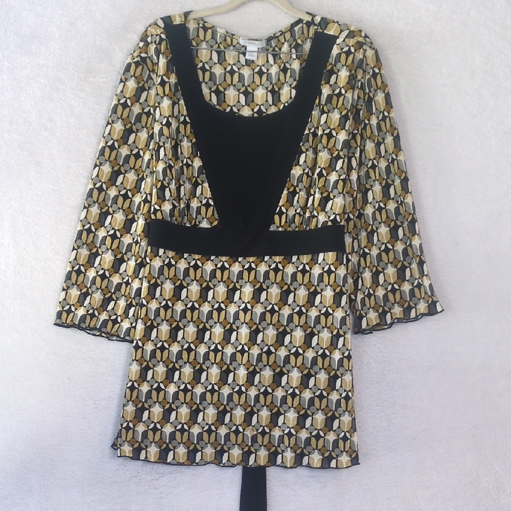 Dress Barn Womens Yellow & Black Patterned Micro‎ Pleated Blouse Size 3X